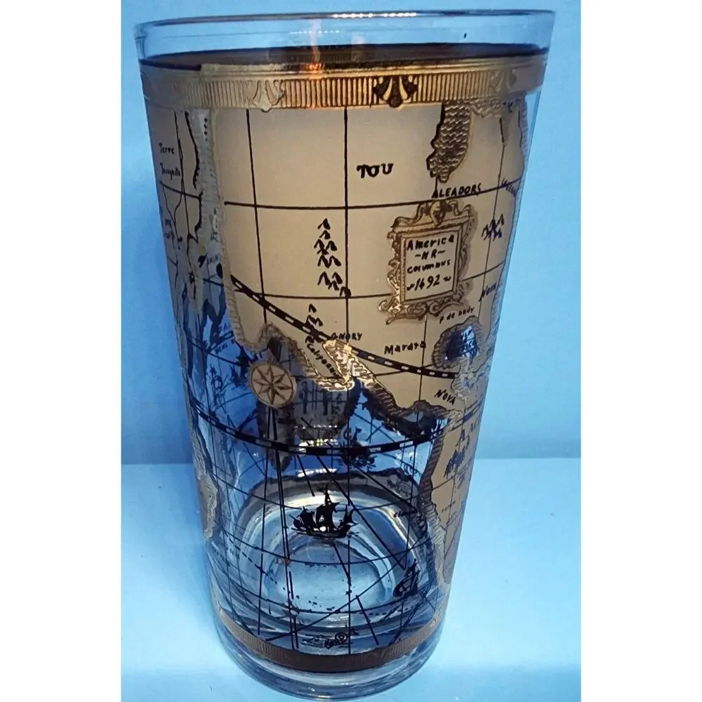 Vintage Cera Atlas Old World Map Highball Glasses 22K Gold Mid Century Modern